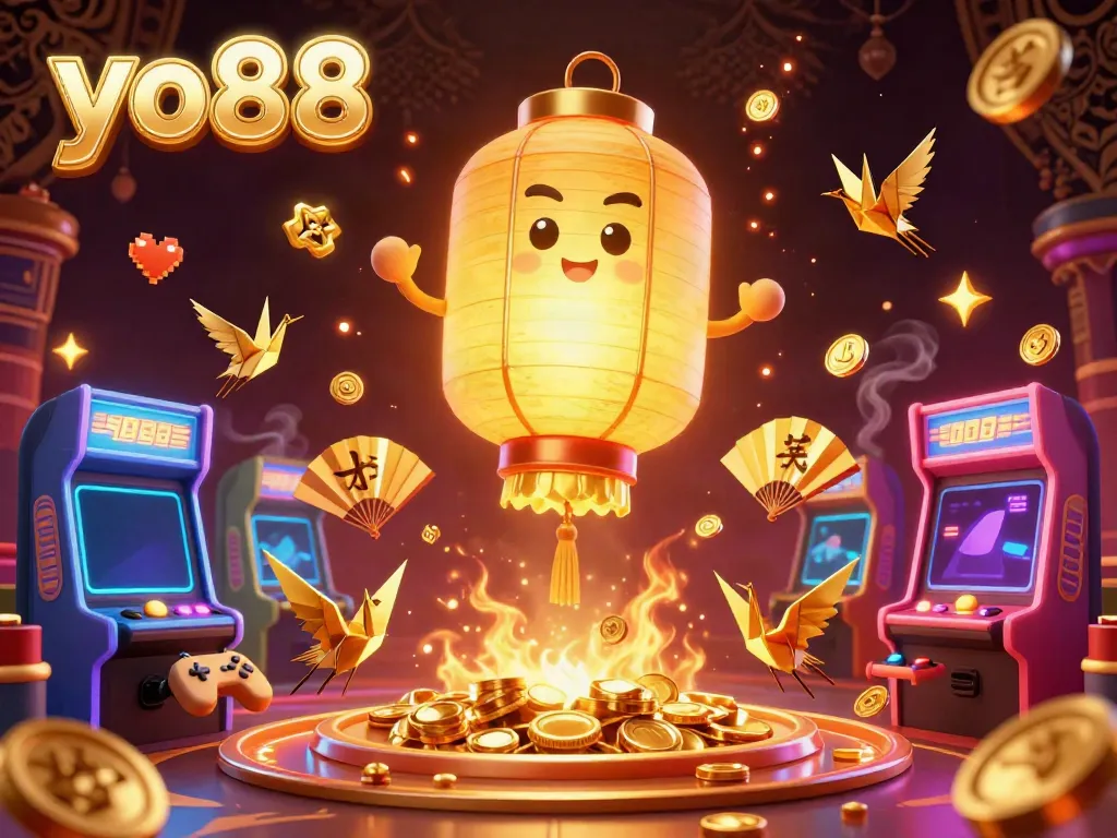 Engage with yo88's vibrant 3D casino illustration featuring a glowing lantern spirit amidst dynamic gaming elements.