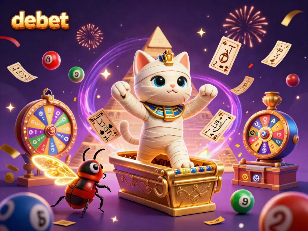 Experience gaming excitement with debet as an Egyptian mummy cat bursts from a sarcophagus in a vibrant pyramid casino.