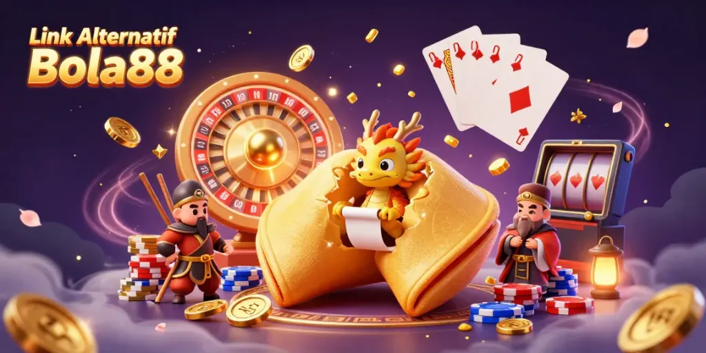 Engage with Link Alternatif Bola88 through a vibrant 3D illustration featuring dynamic casino elements.