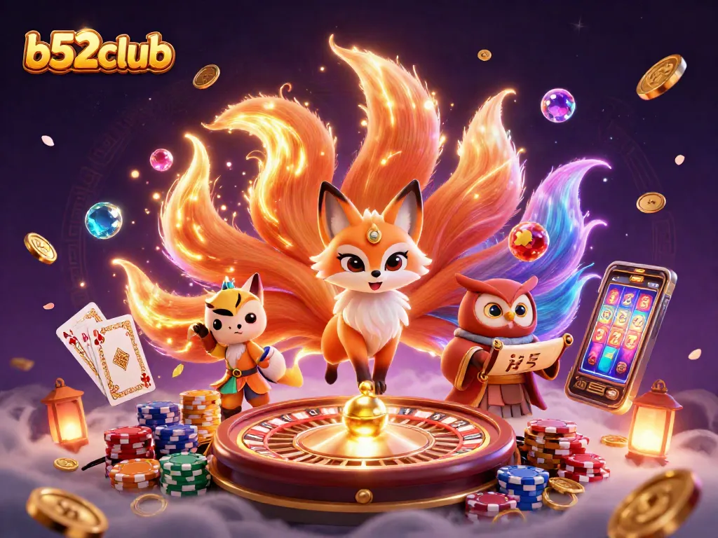 Engage with b52club's thrilling game atmosphere featuring mystical fox spirit and colorful gambling elements.