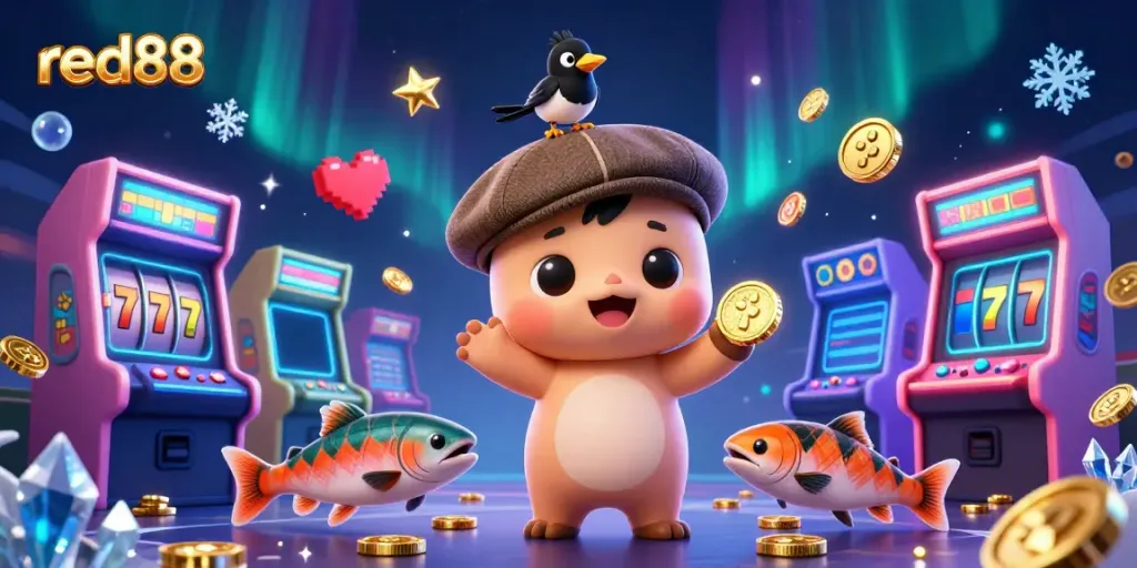 Experience vibrant gaming with red88's dynamic casino scene featuring playful characters and arcade elements.
