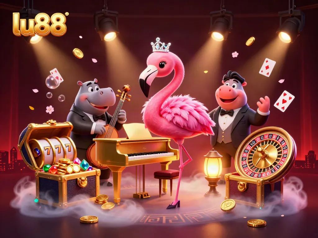 Experience the excitement of lu88 with vibrant 3D casino characters, slot reels, and treasure in a dynamic scene.