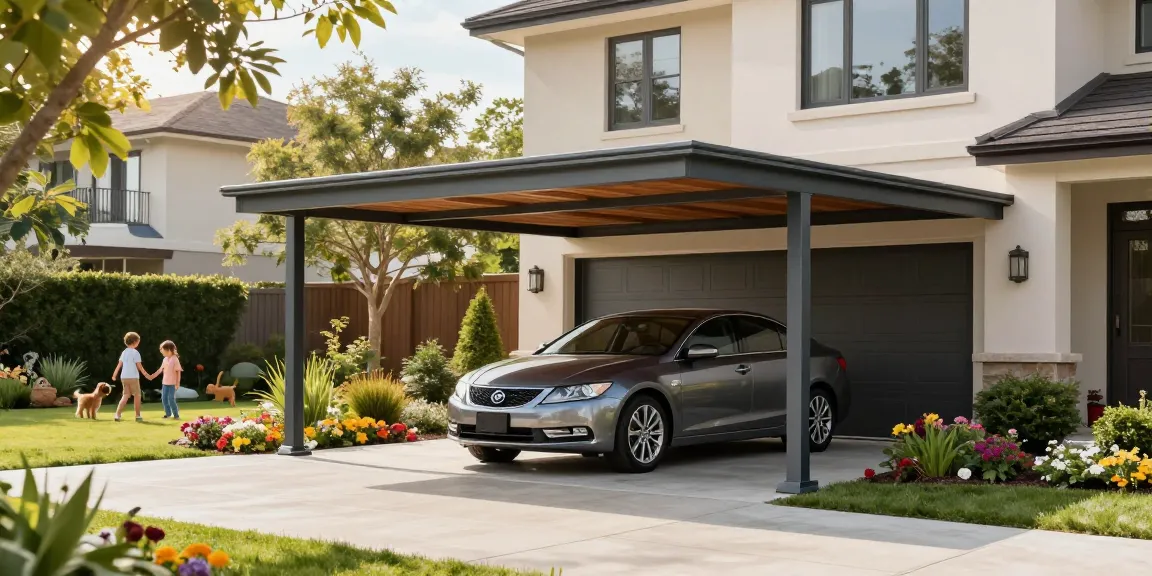 Überdachter Carport bietet Schutz für ein Auto neben einem modernen Zuhause mit gepflegter Landschaft.