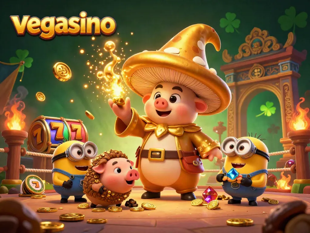 Engage with the vegasino game world featuring a magical wizard and treasure-finding pig amidst vibrant casino elements.