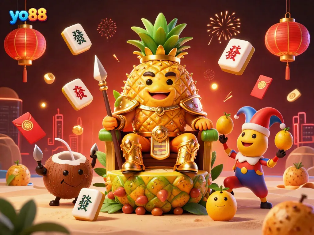 Experience the excitement of yo88's vibrant beach casino with a golden pineapple king, lively characters, and festive gaming elements.