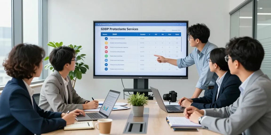 Data privacy consultation with experts discussing Datenschutz Dienstleistung strategies in a modern office.