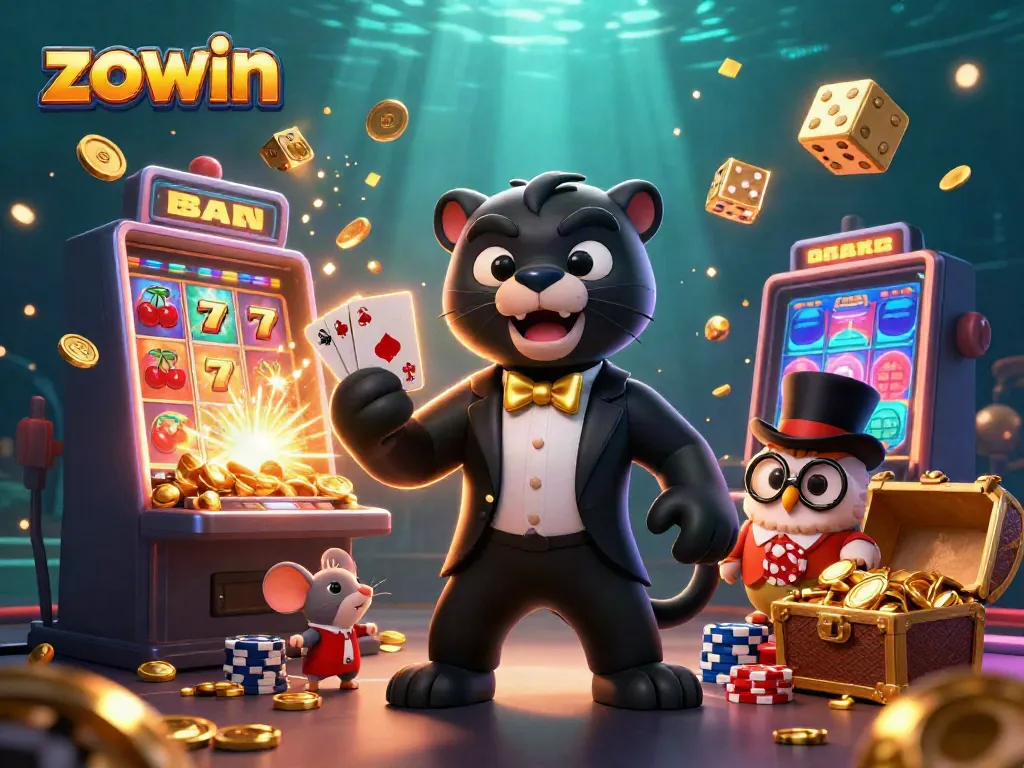 Zowin casino scene with a stylish black panther, owl, and lucky mouse amidst jackpot slot explosion.