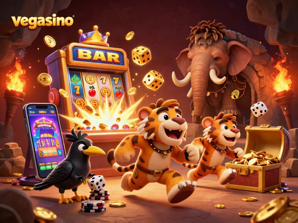 Experience the thrilling vegasino casino ambiance with 3D caveman and sabertooth duo.