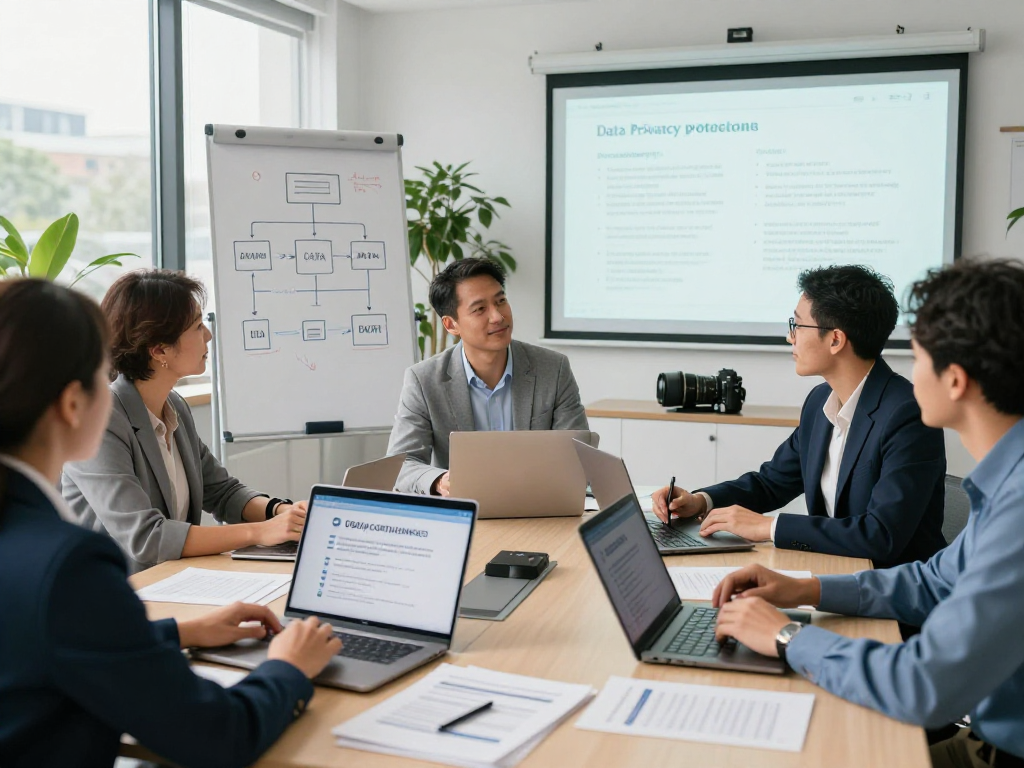 Beratung zu Datenschutzdienstleistungen mit Experten am Konferenztisch, Datenschutzstrategien und PC-Dokumentation sichtbar.