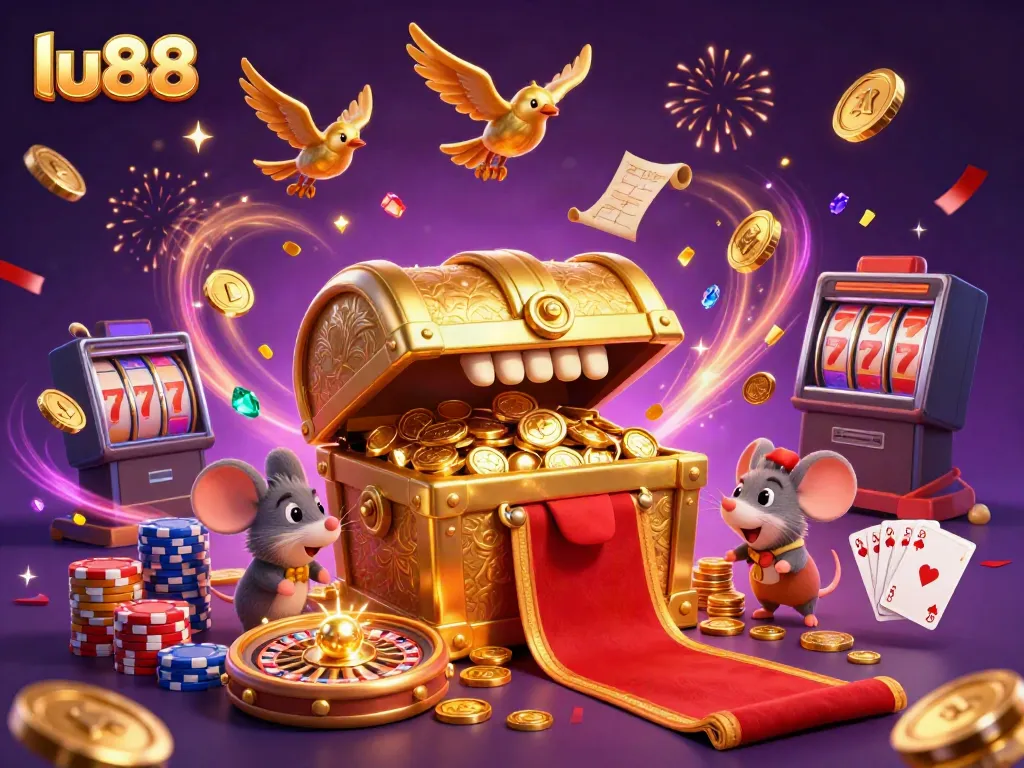 Win big with LU88 as treasure chests and golden coins create excitement in this dynamic casino scene.
