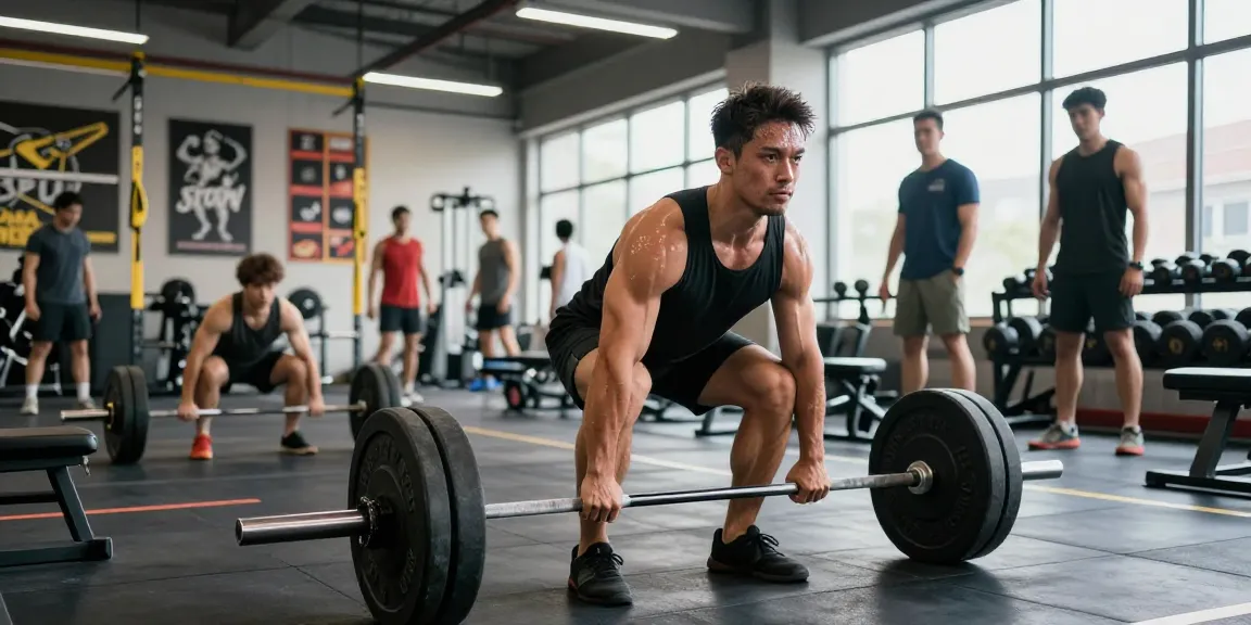 Steroidshop: Bodybuilder beim Training mit Gewichten in modernem Fitnessstudio