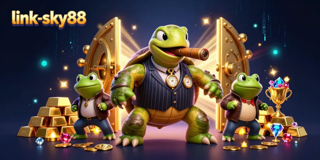 Experience thrilling action at link-sky88 with a vibrant 3D casino scene featuring iconic characters and treasures.
