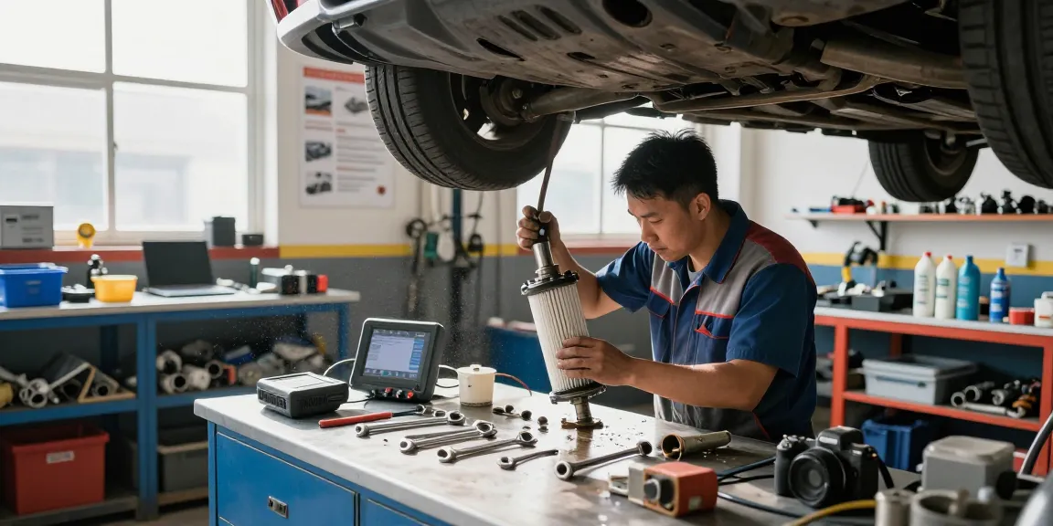 DPF Reinigung Hannover - Mechaniker prüft einen Dieselpartikelfilter in einer geschäftigen Werkstatt.