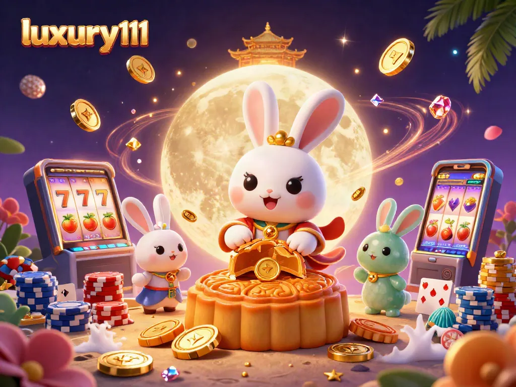 Experience thrilling gameplay with luxury111 as a moon rabbit reveals poker chips inside mooncakes, showcasing an enchanting casino scene.