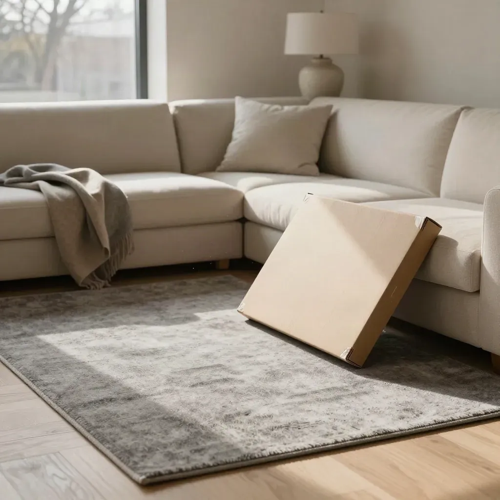 Neue Wohnung mit Sofaecke, Lampe, Wolldecke und Möbelkarton im Winterlicht.