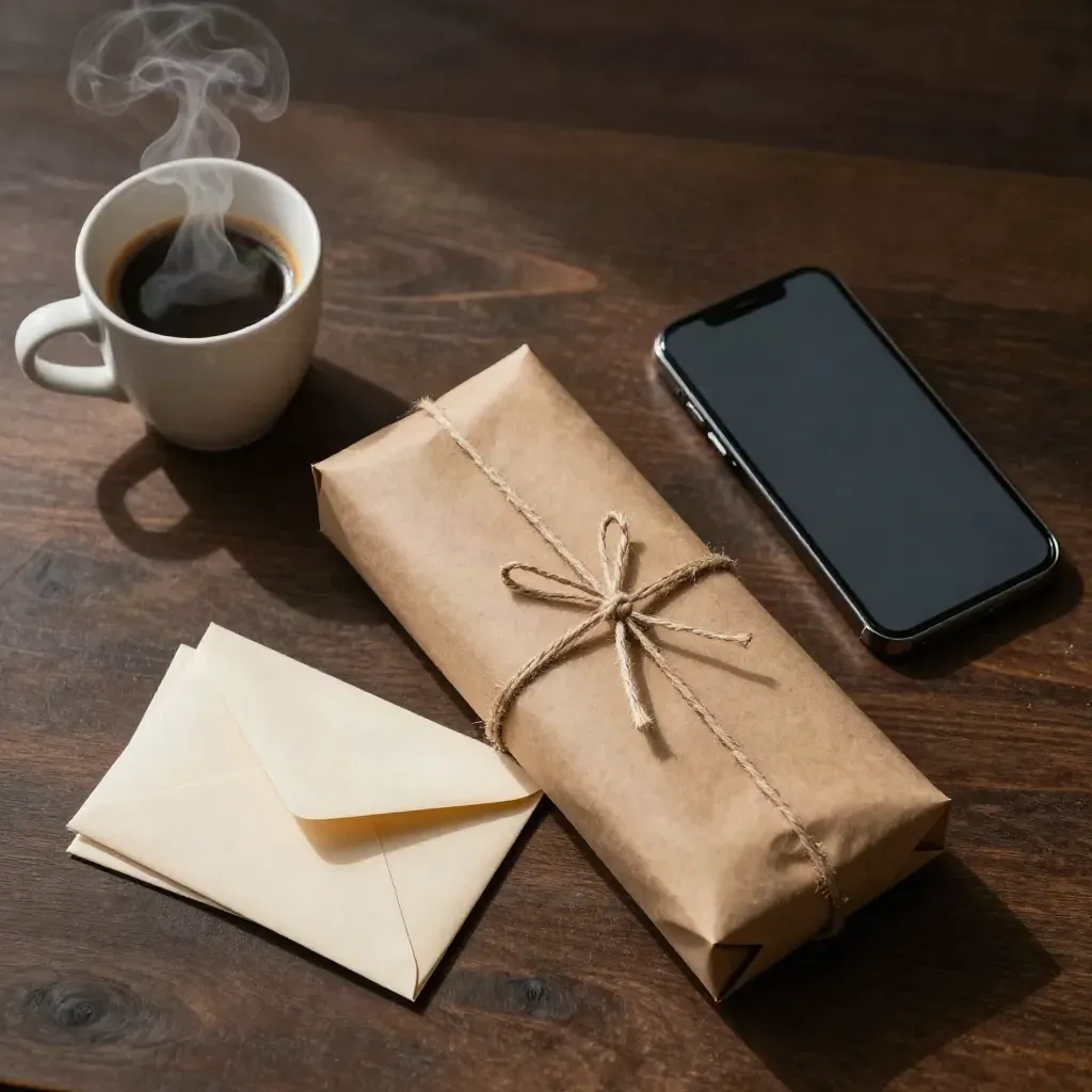Nächtliches Flatlay auf dunklem Holz mit Kaffeetasse, Paketen, Handy und Umschlägen.