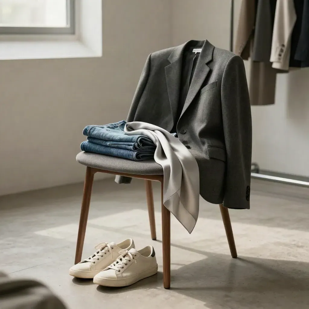 Blazer, Jeans, Sneaker und Seidenschal auf einem Stuhl in hellem Atelierlicht