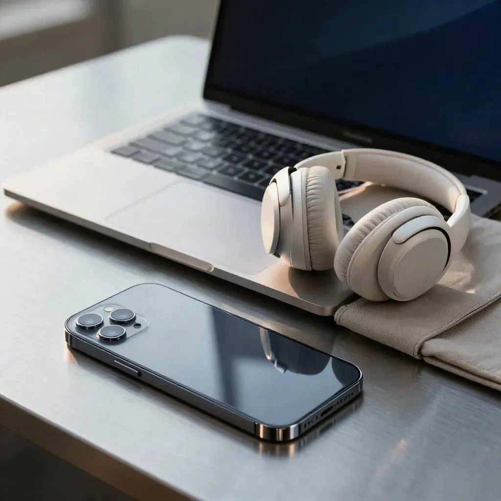Laptop, Kopfhörer, Controller und Smartphone auf Aluminium im kühlen Licht