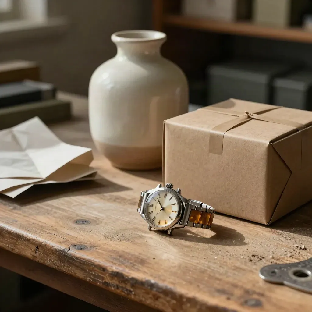 Vintage Uhr, Keramikvase, Packpapier und Karton auf Werkbank im Werkstattlicht.