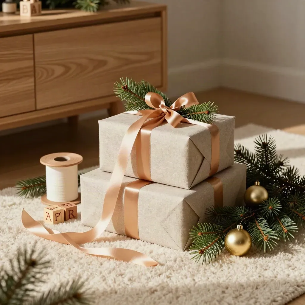 Geschenkpapier, Schleifenband, Holzbausteine und Tannenzweige neben einem verpackten Weihnachtsgeschenk.