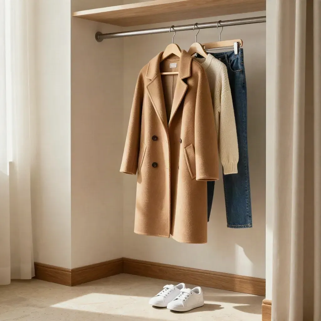 Kleidungsstange mit Mantel, Strick, Jeans und weißen Kindersneakern im hellen Fensterlicht