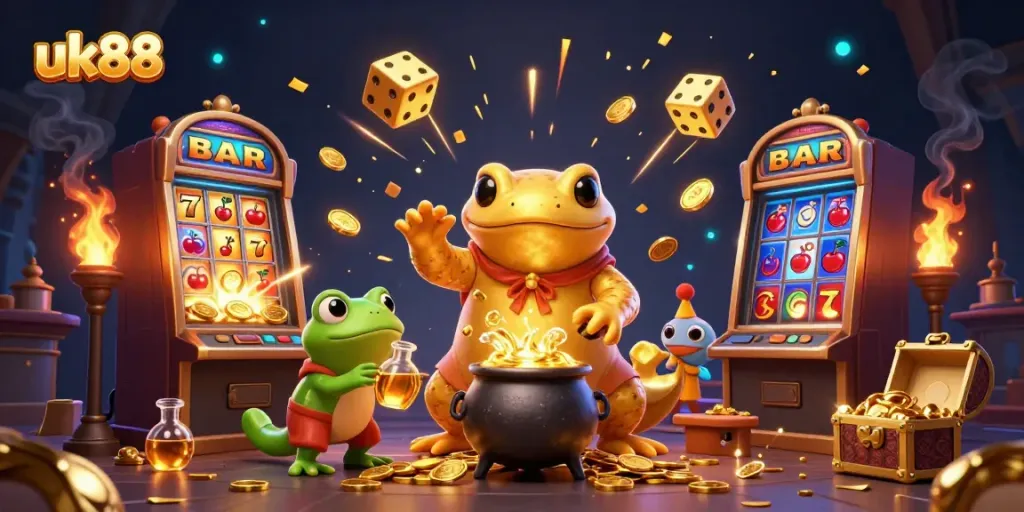 Watch the golden salamander alchemist at uk88 transform metals into coins amidst casino excitement.