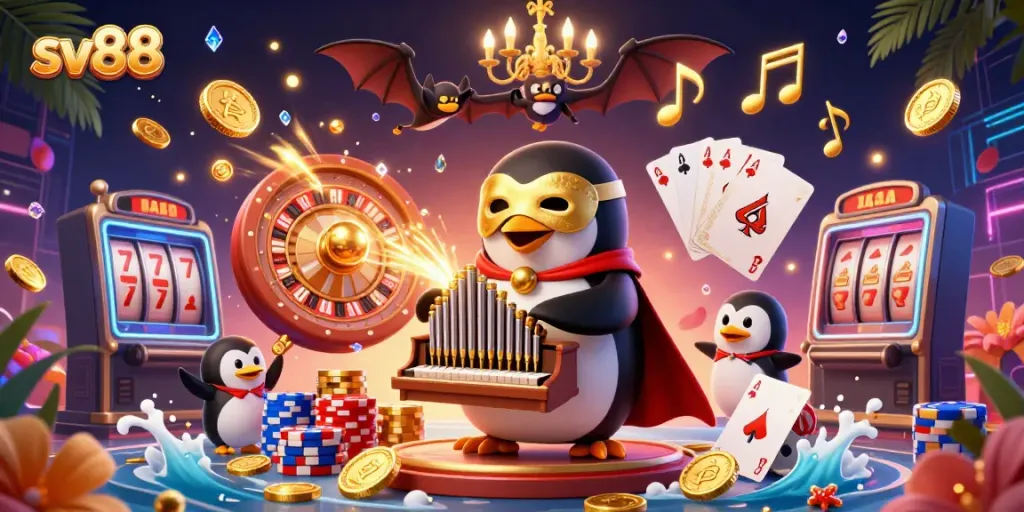 Experience the thrilling atmosphere at sv88 with a whimsical 3D scene depicting gambling excitement.