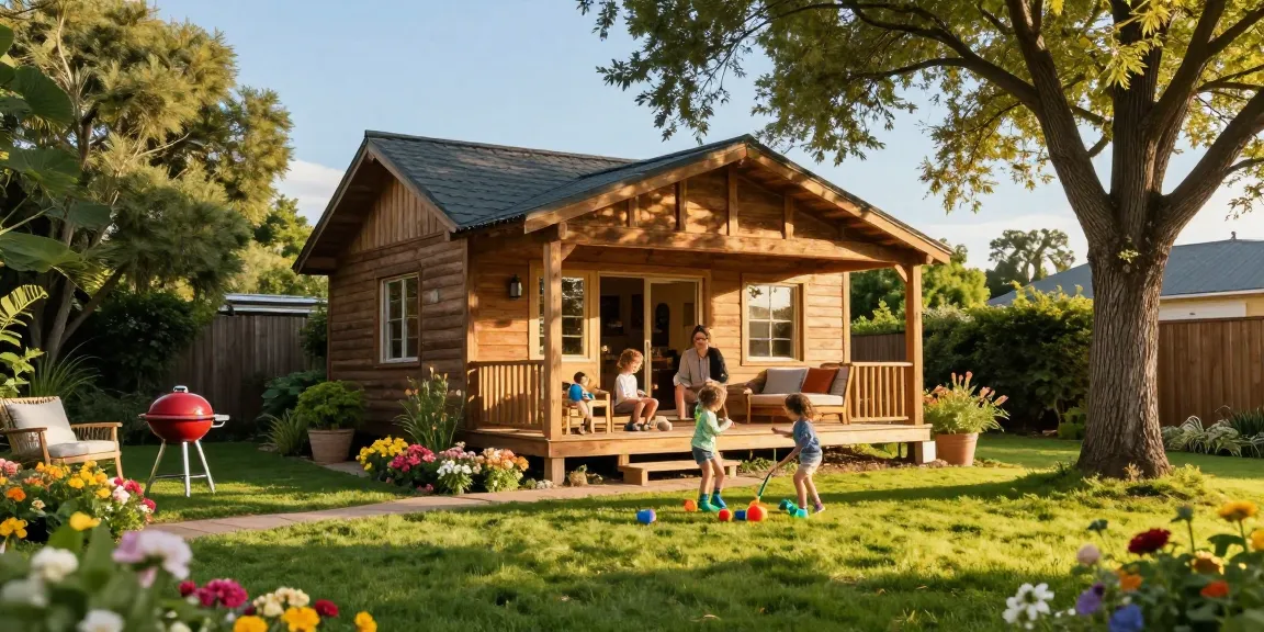 Familie genießt Zeit im Gartenhaus mit Spielen und Grill im Freien.