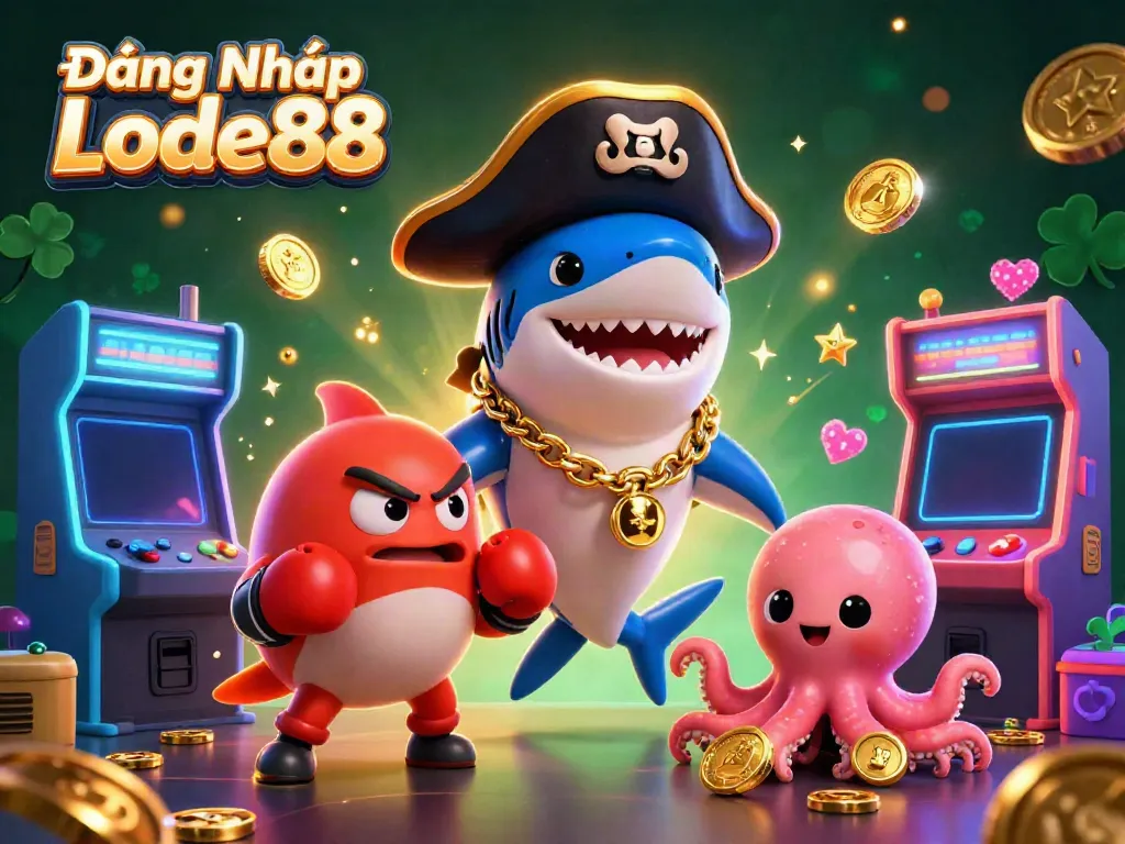 Engage with Đăng Nhập Lode88 featuring a pirate shark and friends in an energetic gambling scene.