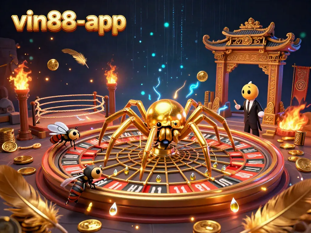 Feel the excitement of vin88-app as a golden spider spins a roulette web in this vibrant casino scene.