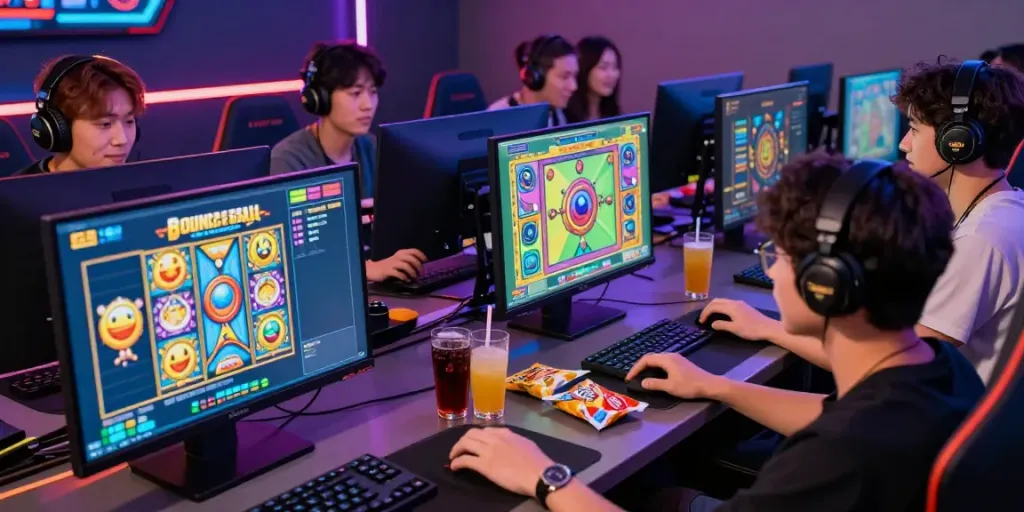 Players enjoying GG Soft's Bounce Ball Slot Game in a lively gaming setup.