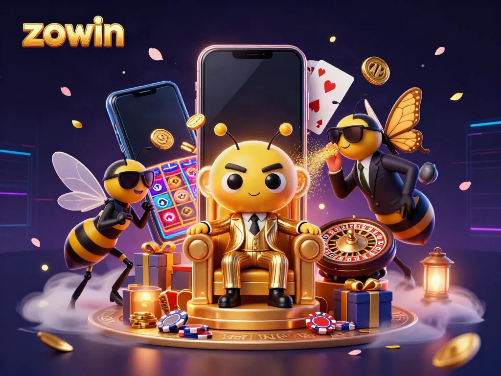 Zowin's exciting gaming world with a mob boss and wasp guards set in a glowing honeycomb casino layout.
