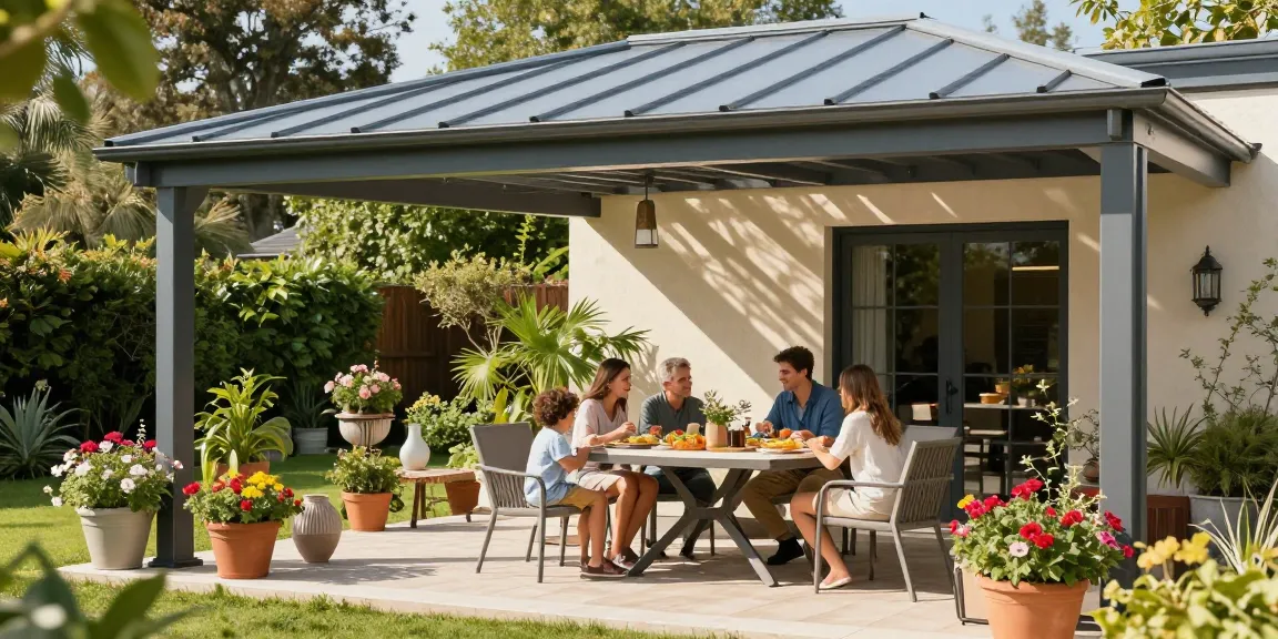 Moderne Terrassenüberdachung mit einer Familie, die im Garten entspannt und isst.