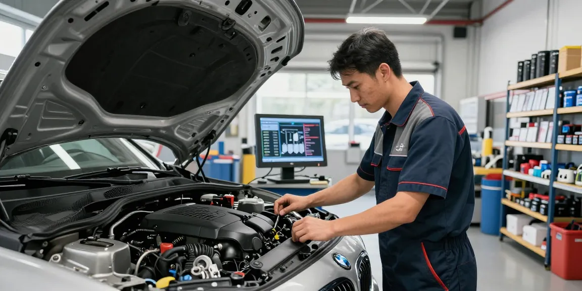 Professioneller Service in der BMW Werkstatt Hannover mit technischen Experten, die Motoren inspizieren.