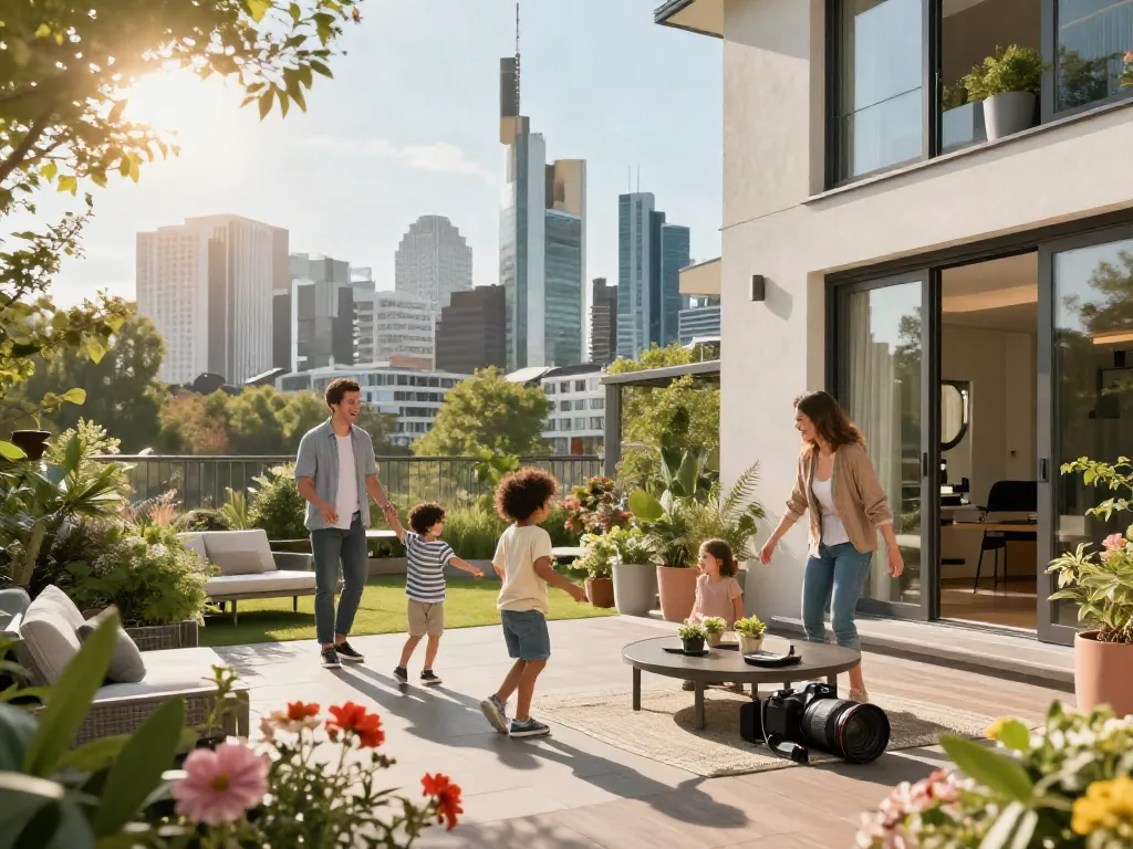 Der beste Immobilienmakler Frankfurt zeigt eine Familie, die eine moderne Immobilie in Frankfurt erkundet.