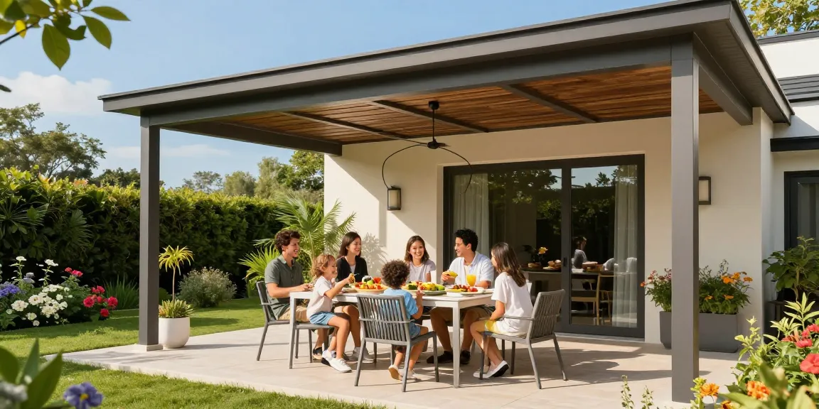 Freistehende Terrassenüberdachung für gemütliche Outdoor-Dining-Erlebnisse.