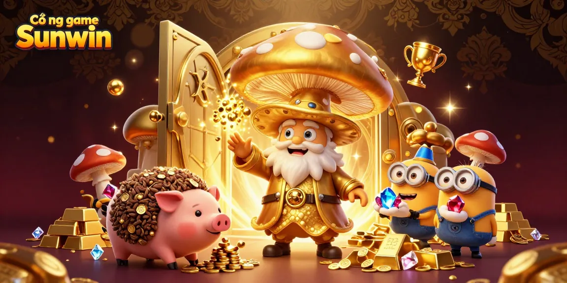 Cổng game Sunwin showcases an enchanting 3D wizard and treasure pig in a magical casino scene filled with gold and jewels.