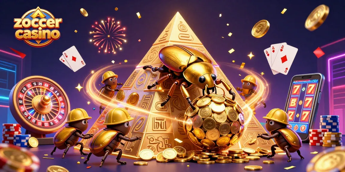 ZoccerCasino brings excitement to life with golden beetles and dynamic casino symbols in a vibrant 3D scene.