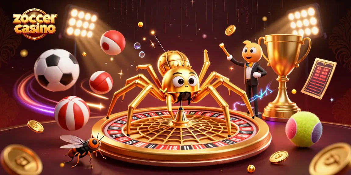 Zoccer casino features a dynamic scene with a gaming spider and croupier amidst sports betting elements.